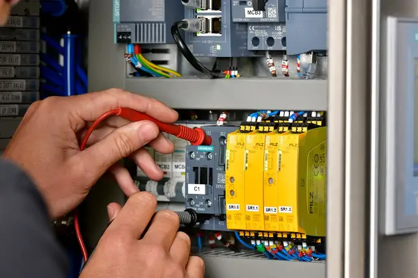 تکنسین متخصص در حال انجام تعمیر و نگهداری دوره‌ای دستگاه کیسه پرکن در یک کارخانه صنعتی